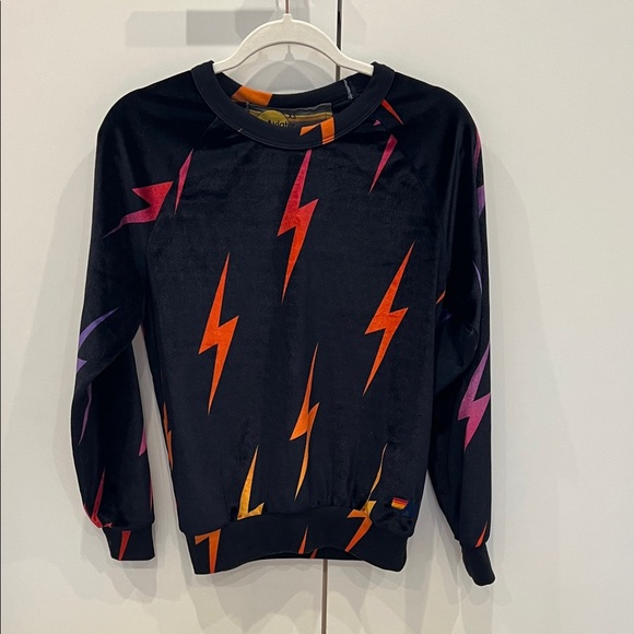 Aviator Nation Black Velvet Sweatshirt With Neon Colored Lightning Bolts - Picture 1 of 10